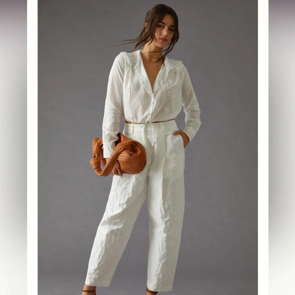 NWT Anthropologie Stella Nova Jill pants textured jacquard trouser barrel leg - Picture 3 of 11